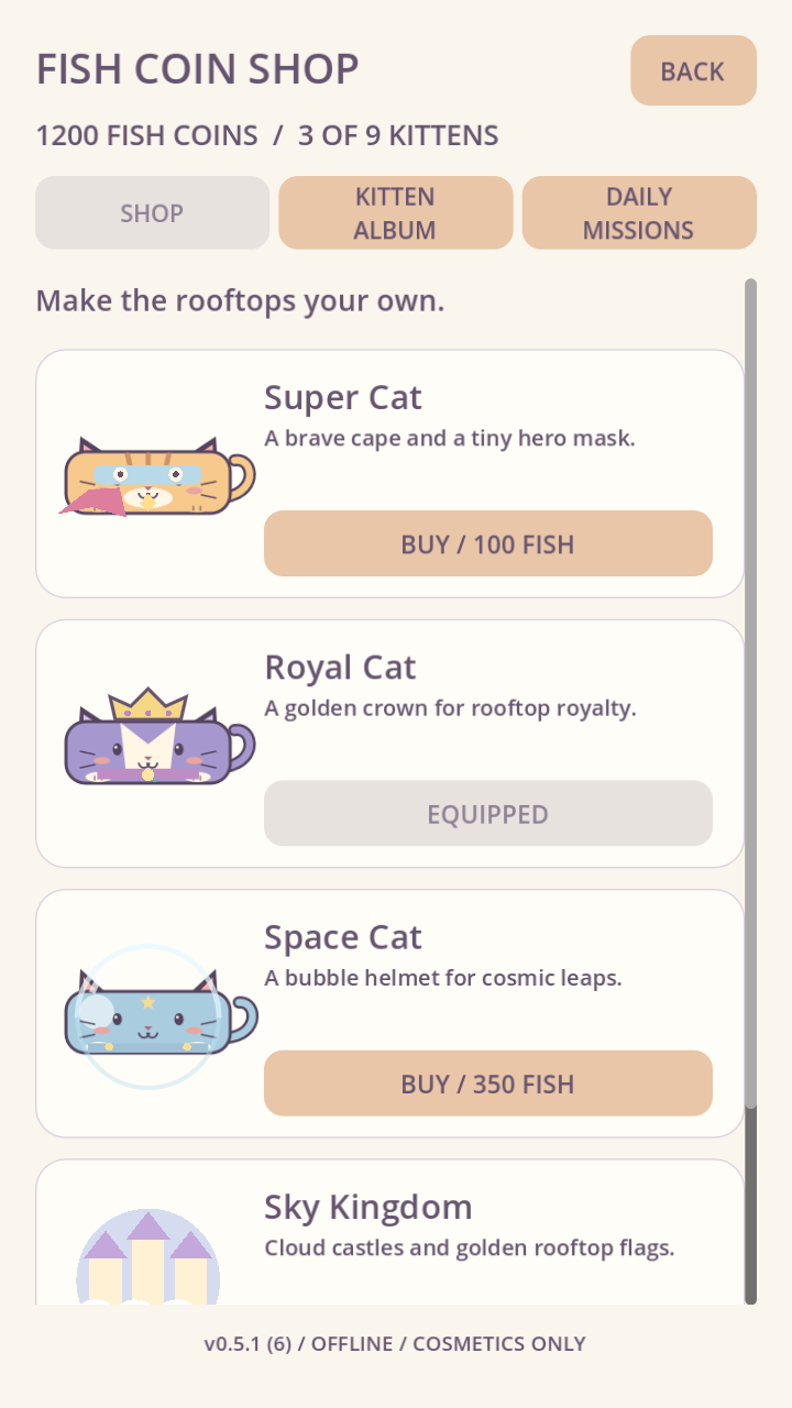 The Fish Coin Shop offers cosmetic costumes and a rooftop theme.
